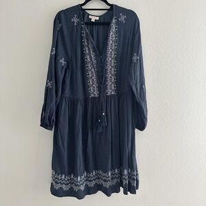 Knox‎ Rose Dress Womens 1X Navy Blue Boho Embroidered Long Sleeve Tassel Peasant